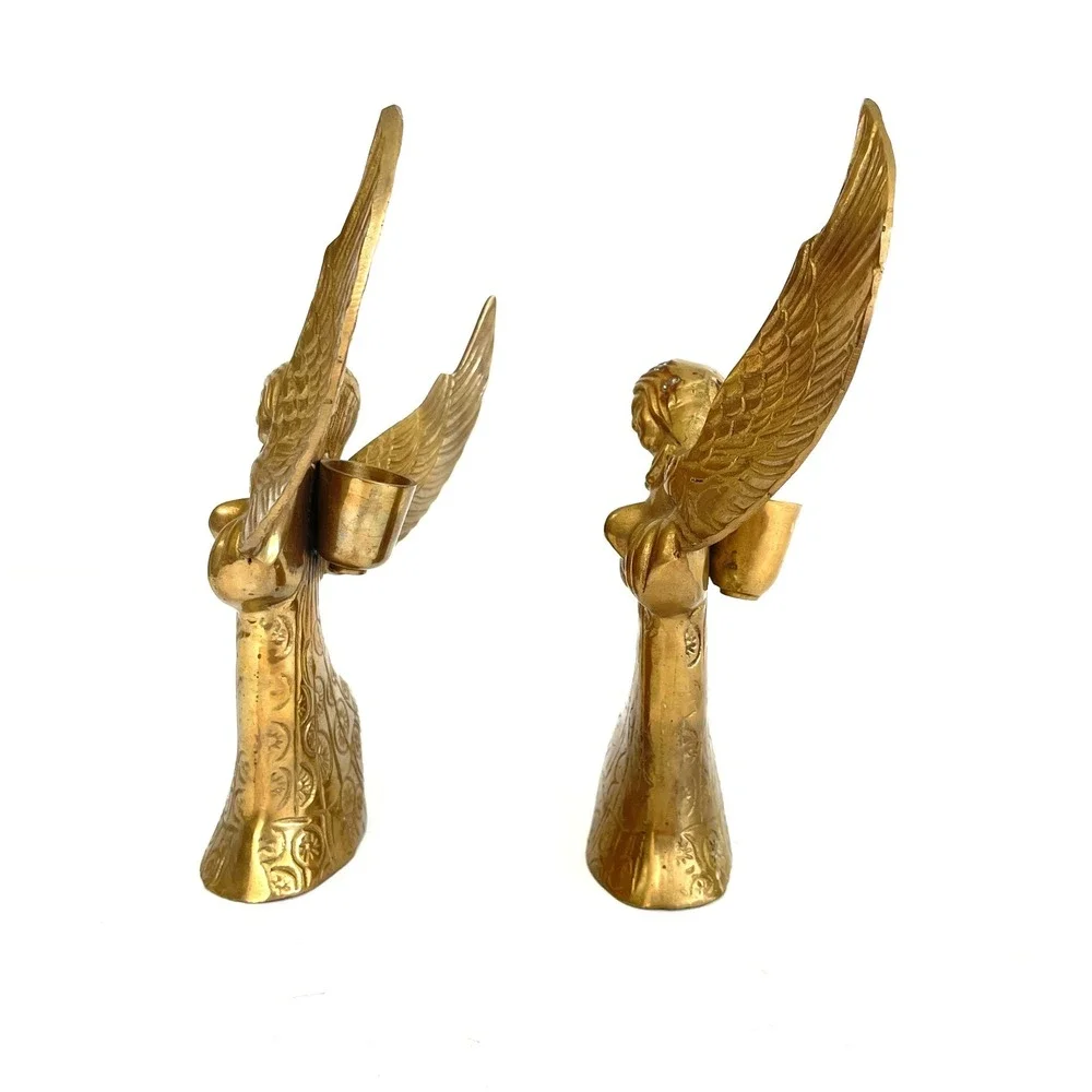 Vintage Brass Angel Candle Holders Pair Mid Century Statues Christmas Boho Decor